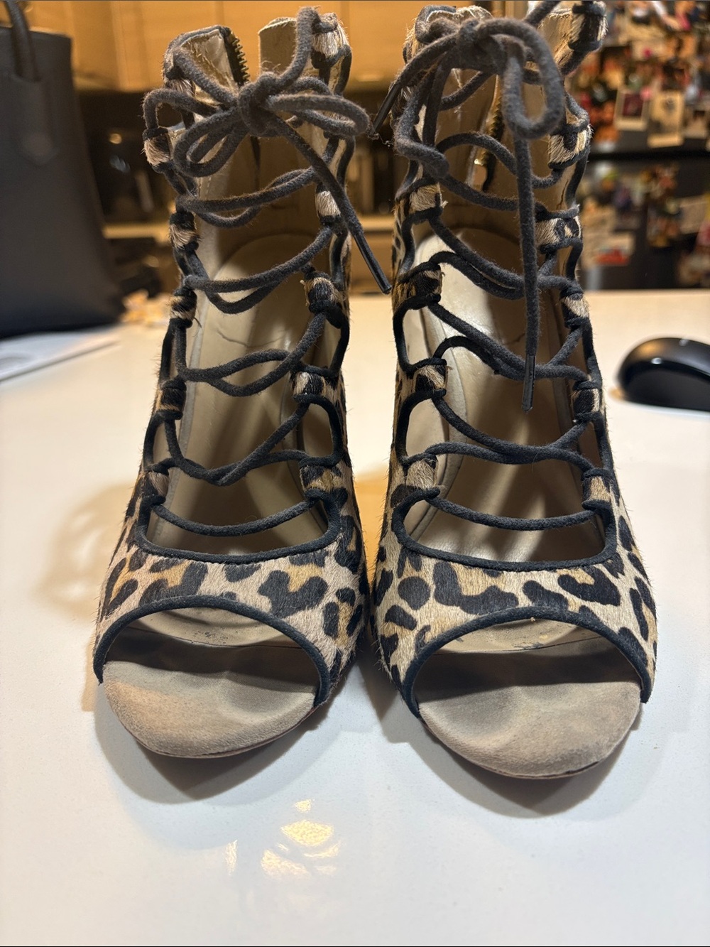 Zara Leopard Print Lace-Up Peep Toe Heels
